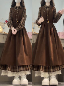 SUSIEYUAN | Early Spring New Melanoid Patchwork Fake Two-Piece Plaid Shirt Dress Fitted Campus Style Long Dress