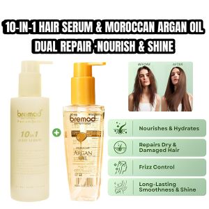 BUNDLE Bremod 10-in-1 Hair Serum & Moroccan Argan Oil Set | Lightweight Leave-in & Deep Repair Treatment | Frizz Control Hydration & Shine for Dry Damaged Hair