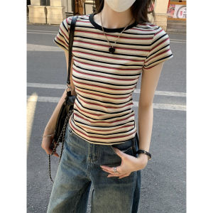 Áo Thun Nữ Cổ Tròn Tay Ngắn Kẻ Sọc Màu Tương Phản Cổ Điển Mùa Hè 2025 Phong Cách Mới Đa Năng Ôm Vừa Vặn Vai Áo Học Sinh Thời Trang