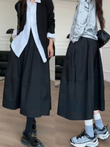 Váy Chữ a Màu Đen Dài Xếp Ly Cạp Cao Váy Xếp Ly Phồng Che Giấu Mỡ Váy Chữ a Cạp Cao Mùa Hè 2025 Váy Midi Màu Trơn