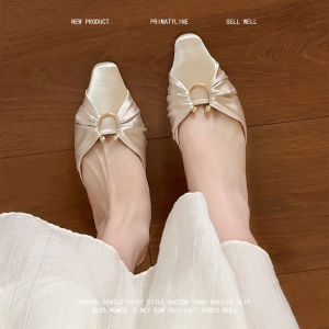 NAISHI | Genuine Leather Metal Buckle Satin Mule Slippers