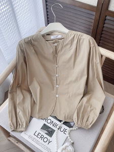 PAIBOLI | Retro Style Womens Shirt Round Neck Short Sleeve Long Sleeve Golden Buckle Fashionable Commute Shirt Autumn New Arrival