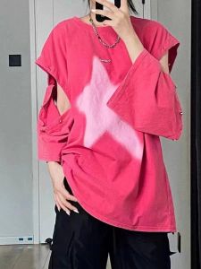American High Street Star Removable Short Sleeve T-Shirt Women Summer Loose Design Oversize Top Trendy Cotton Pure round Collar