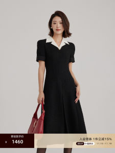 OBEG European Elegant Color Block Long Dress High Waist Smart Sensation Womens Fashion Autumn Black Dress Shiny Sequin Short Sleeve