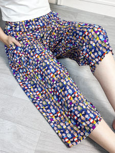 Summer Cool Feeling Artificial Cotton Seven-Foot Pants Women Silk Thin Loose Wide Leg Pants Sleepwear Home Clothes Cotton Silk Outdoor Wear