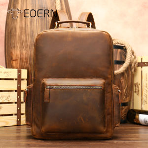 EDERN Retro Crazy Horse Leather Backpack for Men Large Capacity Genuine Cow Leather Schoolbag Daypack Travel Backpack 13.3-inch Laptop Bag