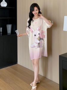 Sweet Style Ice Silk Sleep Dress Women Summer New Loose Fit Thin Short Sleeve round Neck plus Size Summer Cute Pajama Dress
