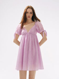 Elegant Pink Purple V-neck Puffy Sleeve Dress Sweet Folded A-line Mini Skirt Womens Fashion Spring Summer New Arrival