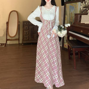Sweet Heart Plaid Pink Large Size Womens Dress Korean Style Commute Long Sleeve A-Line Skirt Soft Autumn Winter Dress