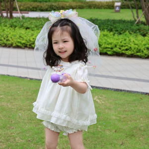 Original Summer Casual Cool Short Sleeve Dress Set for Girls Toddler Kids Fashion Bubble Sleeve round Neck Cotton Blend Outfit