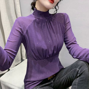 Womens Fleece Lined Long Sleeve Base Layer Shirt Half High Collar Mesh T-Shirt Fashionable Slim Fit Inner Wear Top for Autumn Winter