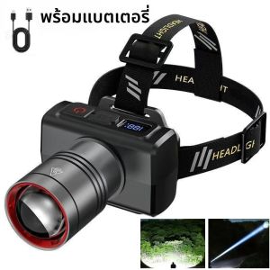 จอแสดงผลดิจิตอล LED ไฟหน้าแบบชาร์จไฟได้ซุปเปอร์ไบรท์หัวไฟ LED เซ็นเซอร์ตรวจจับความเคลื่อนไหวไฟฉายกันน้ำกลางแจ้งแคมป์ปิ้งแฟลช