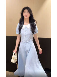 Summer Outfit Sweet Milkshake Dressing Two-Piece Set Initial Pure College Style A-Line Skirt Short Sleeve Long Dress