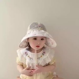 Childrens summer thin breathable mesh large brim sunshade hat sweet flower fisherman hat