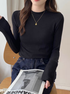 Black Fleece Lined Long Sleeve Slim Fit Ladies Base Shirt Korean Style Commute Fashion High Collar Inner Wear T-Shirt Top