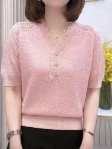 Loose Slim Looking [40.00 Kg-100.00 kg] V-neck Lace Ice Silk Short Sleeve T-shirt Female Summer Fashion Elegant Anti-Aging Top