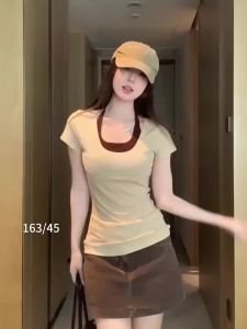 Áo Thun Tay Ngắn Cổ U Màu Xám Phong Cách Hàn Quốc