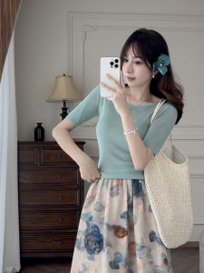 Seamless Integrated Silk Linen One-shoulder Green Sweater