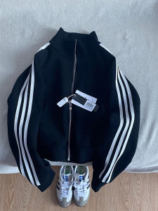 Black Short Sporty Casual Mens Jacket Three Bars Loose Fit Cleanfit Open Cardigan Sweatshirt Regular Sleeve Length Zipper