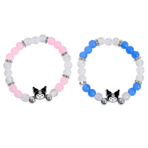 Sanrio | Cute Kuromi Beaded Bracelet Zinc Alloy with Crackle & Opaque Beads Elastic Stretch Wristband with Kuromi Charm for Girls