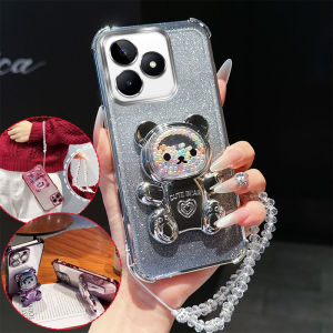 4 Corner Shockproof Phone Case with Cute 3D Bear Stand Crystal Chain Lanyard For Oppo Realme C53 C51 NarzoN53 Note50 Back Cover