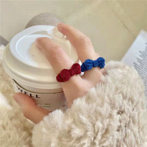 Klein Blue Velvet Ring Retro Wine Red Flocking Bow Open Ring French style Sweet Autumn and Winter Ring Women