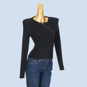 Áo Len Dệt Kim Ngắn Không Đều Cho Nữ Chất Liệu Lụa Băng Có Khóa Kéo Bên Hông Thường Ngày Cổ Tròn Dài Tay Mùa Thu