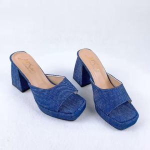 Dép nữ cao gót đúp vuông 9p quai bản lớn chất liệu vải jean xanh trẻ trung - G49