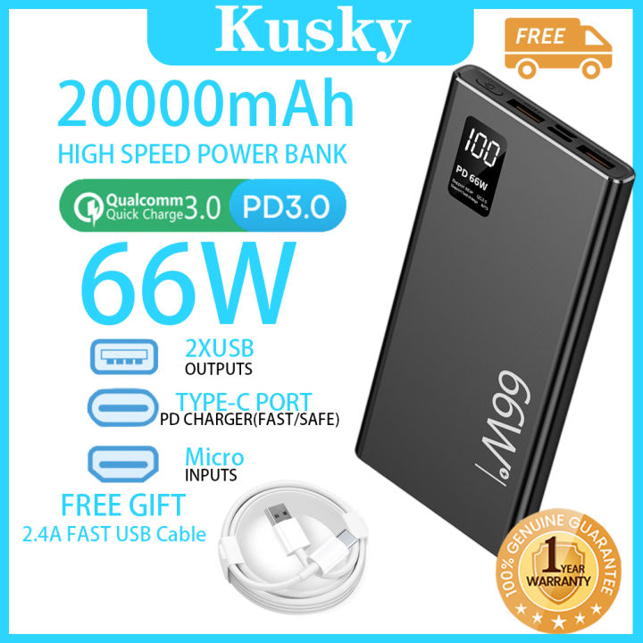 Kusky PB02 20000mAh 66W Power Bank High Quality QC3 0 2 4A Fast ldnio-ls441-ls442-1meter-2meter-length-2-4a-fast-charge-data-cable-for