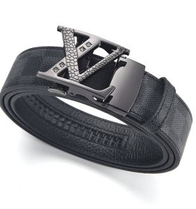 Mens Top Grain Leather Belt Business Casual Automatic Buckle Waist Belt for All Ages Checkered Pattern High Fashion