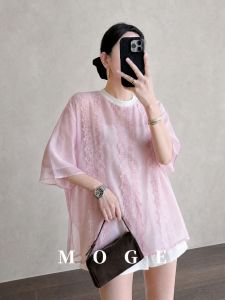 Lace Detail Illusion Pink Loose Casual Women T-shirt