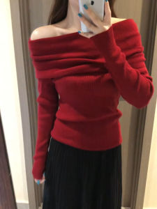 Red One-Shoulder Knitted Top Womens Fashion Autumn Winter Inner Wear Slim Fit Long Sleeve Exposed Shoulder High-End Feeling
