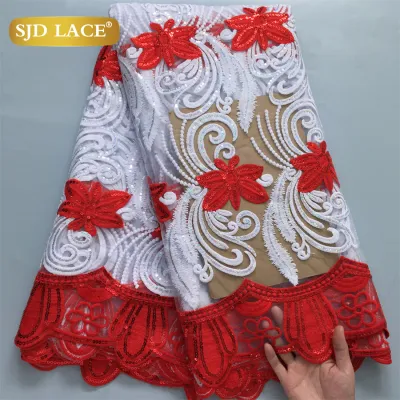 SJD LACE African Mesh Lace Fabric 2024 High Quality French Sequins Nigerian Milk Silk Net Lace for Sewing Woman Party Dress 4114