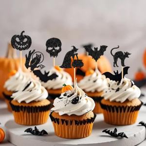 YOMDID 24Pcs Halloween Cake Toppers Glitter Pumpkin Skull Bat Witch Cat Owl Design Cake Picks Spooky Party Cupcake Decorations