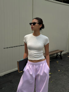 GoGo Burn Grey Basic Short Sleeve round Neck T-Shirt Women Slim Fit Summer New Style Streetwear Casual Solid Color Top