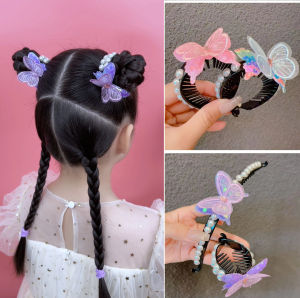 New Childrens Bun Headband Hair Clip Flower Bud Tail Fixed Clip Butterfly Hair Accessory Hair Card Grab Clip Simple Style for Girls