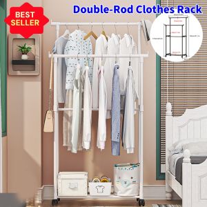 Movable Floor Standing Clothes Rack Telescopic Hanger with Wheels Double Rod Shoe Organizer for Living Bedroom Storage Hat Coat