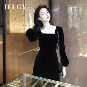 IELGY Gold Velvet Dress Womens Autumn French Style Retro Gentle Square Collar Waist Slimming Hepburn Style Small Black Dress