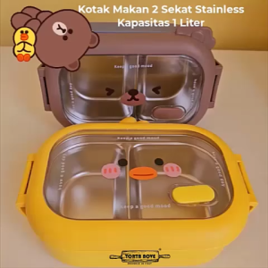 Kotak makan lunch box anak Stainless SUS 2 sekat tempat bekal Lebah Sally bebek Brown