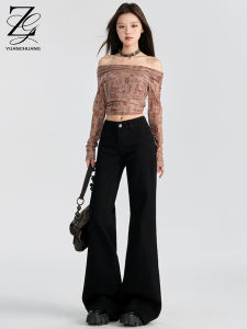 Low Waist Flared Jeans Womens Elastic Slim Fit Floor Length Pants Casual Cotton Blend Washed Finish Zipper Closure Black