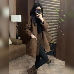 YUFUQING | Café Color Diamond Pattern Cotton Jacket Womens Small Size Autumn Winter Loose Long Coat Polyester Fiber Open Cardigan Style