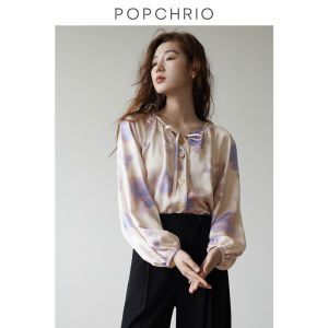 POPCHRIO | Áo Sơ Mi Lụa In Hoa Galsang Cổ V Dài Tay Cho Nữ