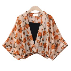 Summer New Retro Japanese Style Floral Print Short Length Chiffon Top Two Piece Set Fresh And Light Weight Polyester Cotton Blend