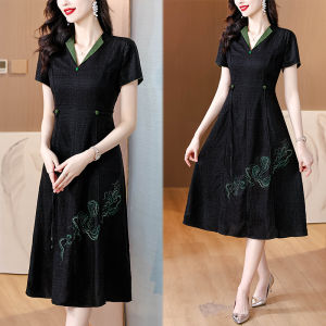 MAIMEI | ชุดเดรสผู้หญิงแขนสั้นฤดูร้อน ชุดกี่เพ้าผู้หญิงระดับไฮเอนด์ ผ้าไหมหอม ลายกระดูกไหปลาร้า กระโปรงทรงเอ คอวี สไตล์เกาหลี