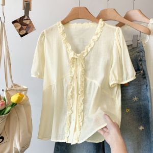 AIYITI | Cute Ear Detail V Neck Short Sleeve Concealing Tunic