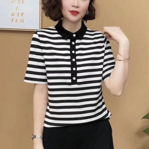 QIAOXIZI | New Style Striped T-shirt Polo Shirt Womens Plus Size Fashionable Tops