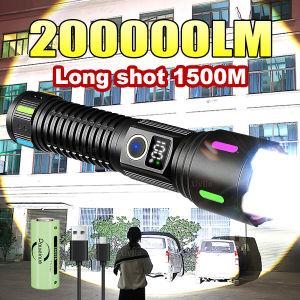 200000LM Most Powerful Flashlights 5 Modes Type-C Rechargeable LED Torch Zoomable High Power LED Flashlight USB Tactical Lantern