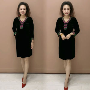 Váy Midi Lụa Nhung Thời Trang Thu Đông Cho Phụ Nữ Trung Niên Và Cao Tuổi Phong Cách Mới Của Trung Quốc Váy Dài Cổ Chữ V Váy Công Sở