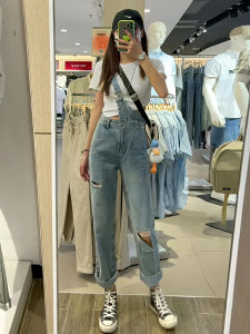High Waist Denim Overalls Womens Summer 2025 New Design Slimming Long Torn Shoulder Style Jeans Pants Straight Leg Zipper Closure