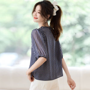 Anti-Aging Pleated Wood Ear Color Woven Square Grid Mulberry Silk Loose Slimming Short Sleeve Shirt Women Casual Style Summer T-shirt